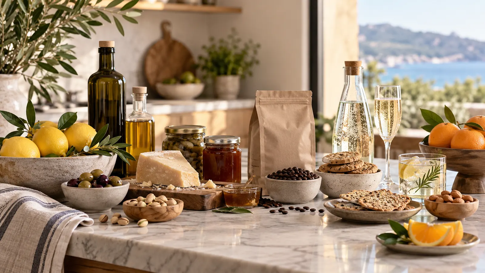 Aceite de oliva, quesos, café, conservas, galletas y cítricos sobre una encimera