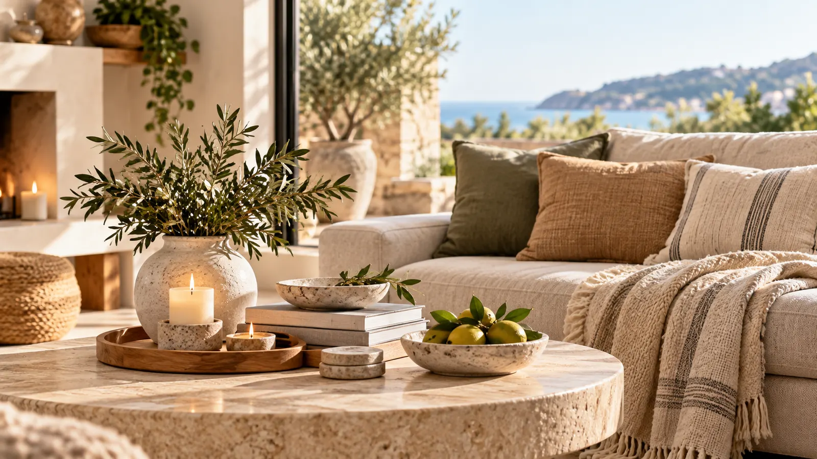 Salón luminoso con sofá claro, cojines, velas y un jarrón con olivo