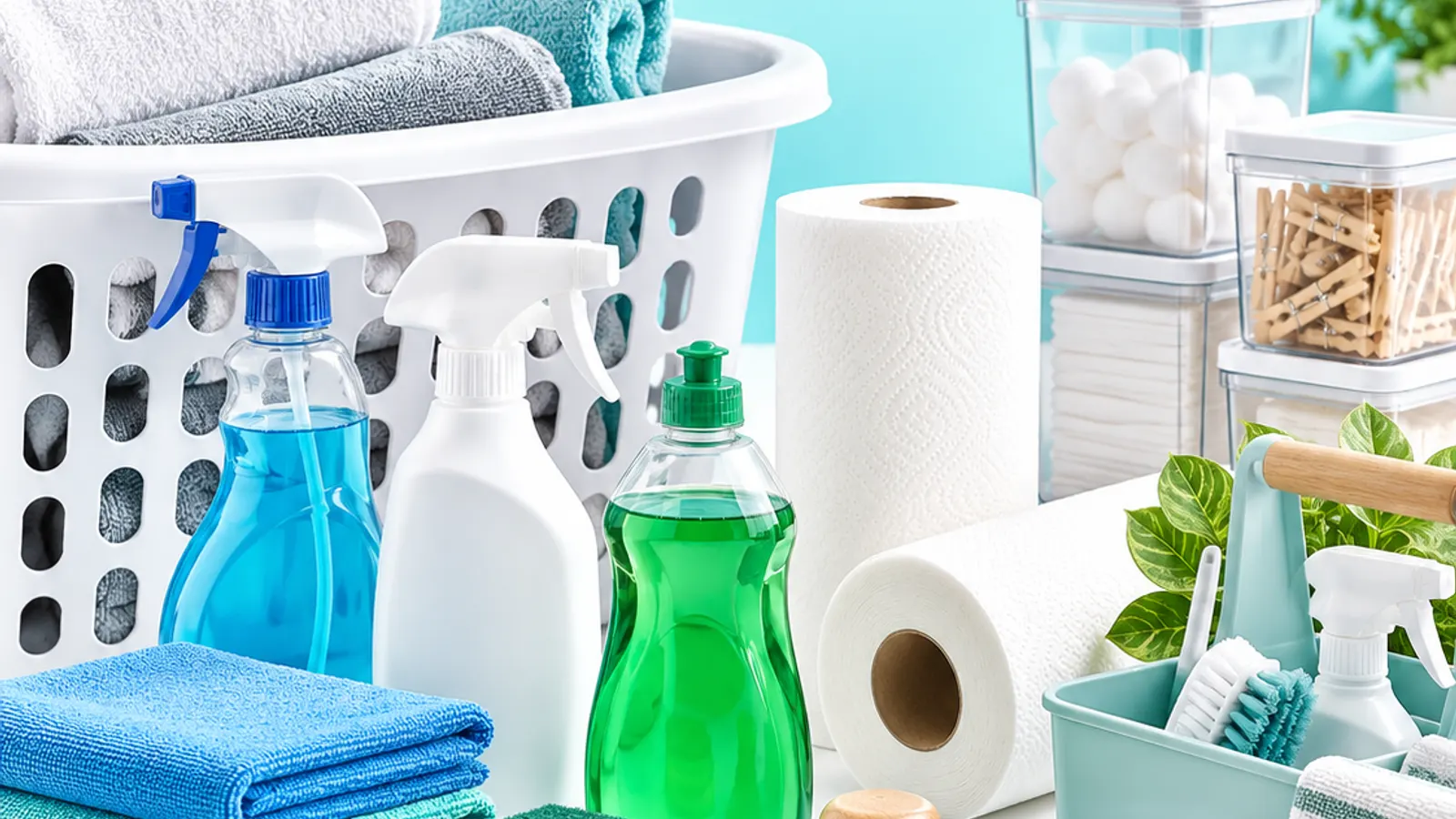 Productos de limpieza, paños de microfibra, esponjas y papel de cocina