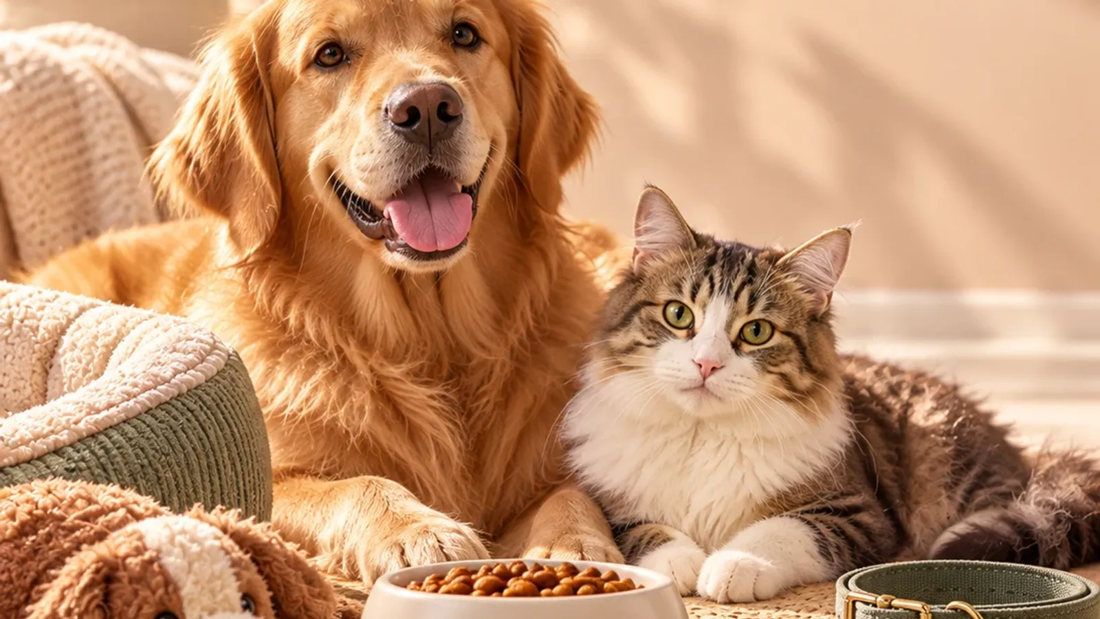 Un golden retriever y un gato junto a un comedero, juguetes de cuerda y un collar