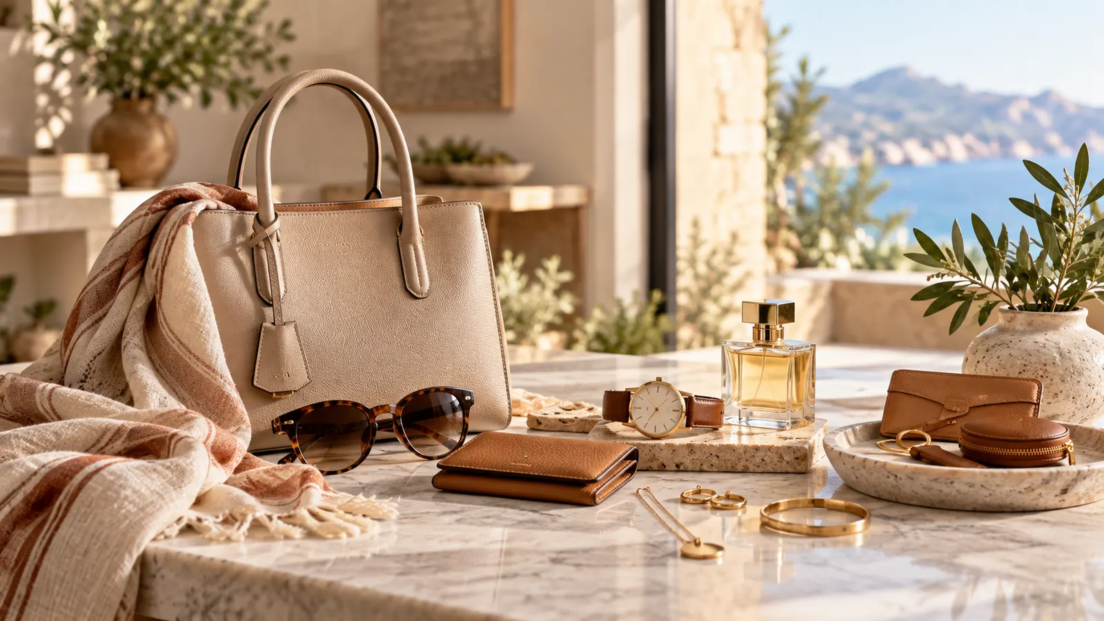 Bolso beige, gafas de sol, reloj, cartera y joyería dorada sobre mármol