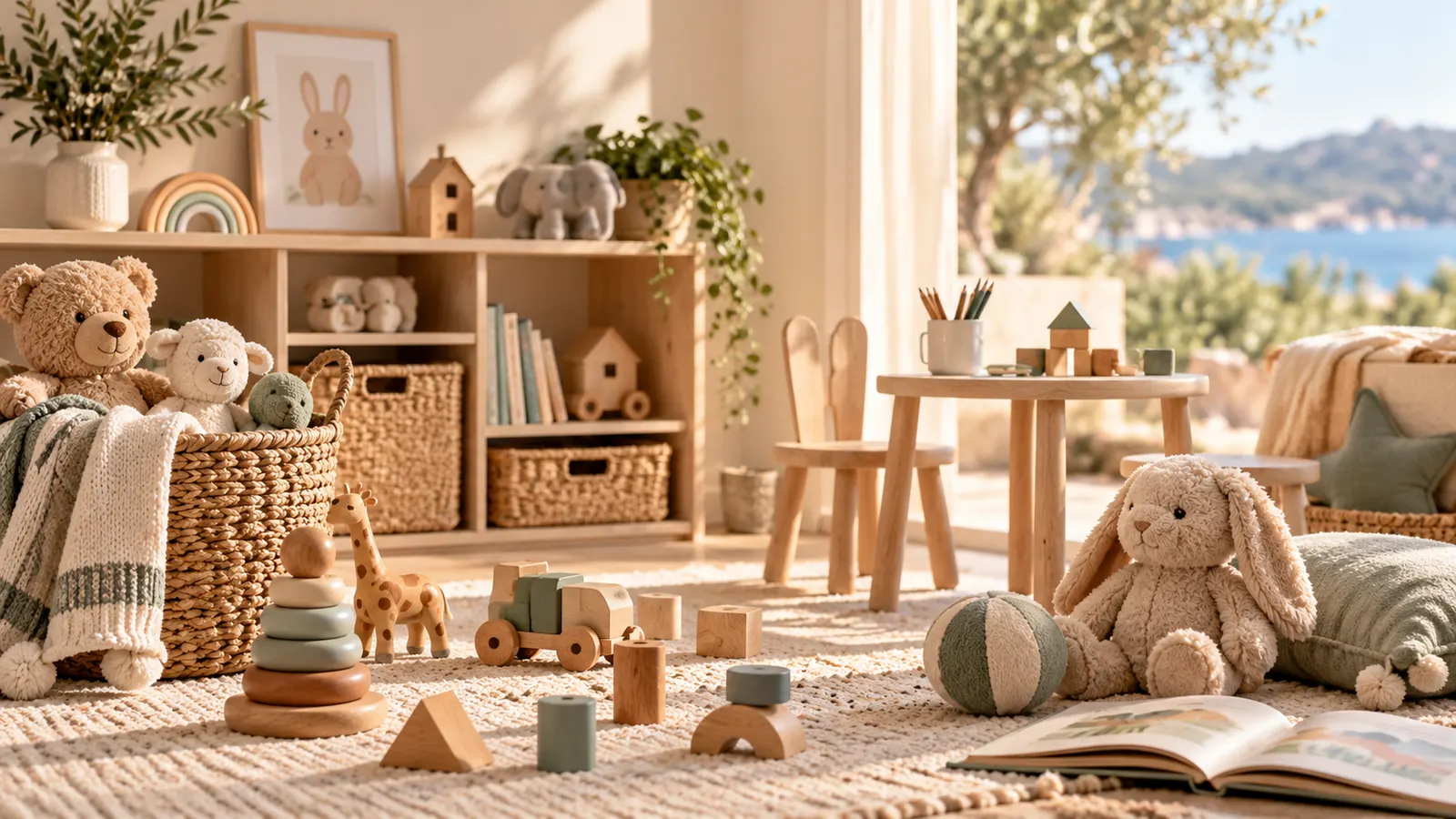 Habitación infantil con peluches, juguetes de madera y cestas tejidas