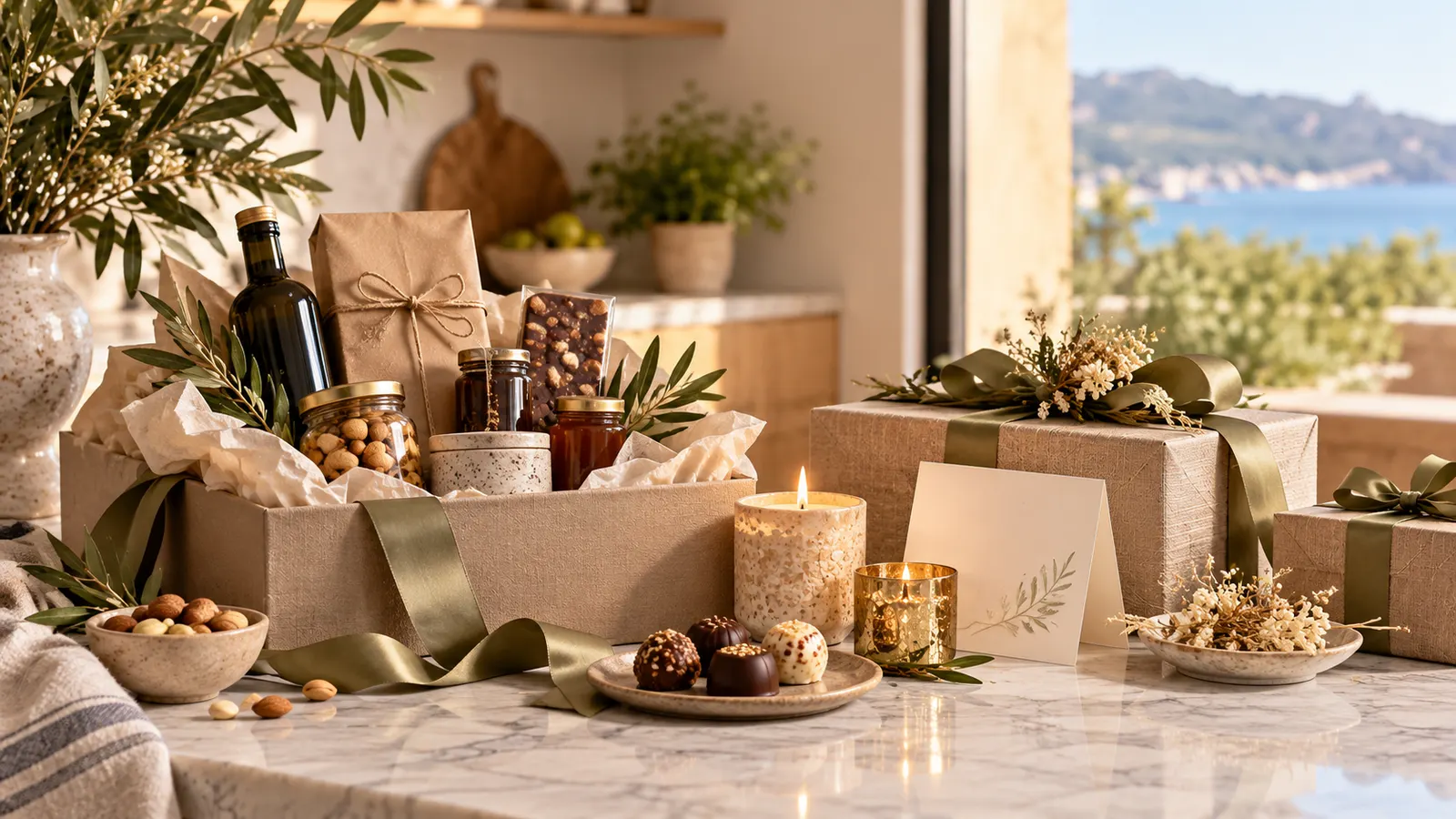 Cesta de regalo con aceite, dulces y velas junto a cajas con lazo verde