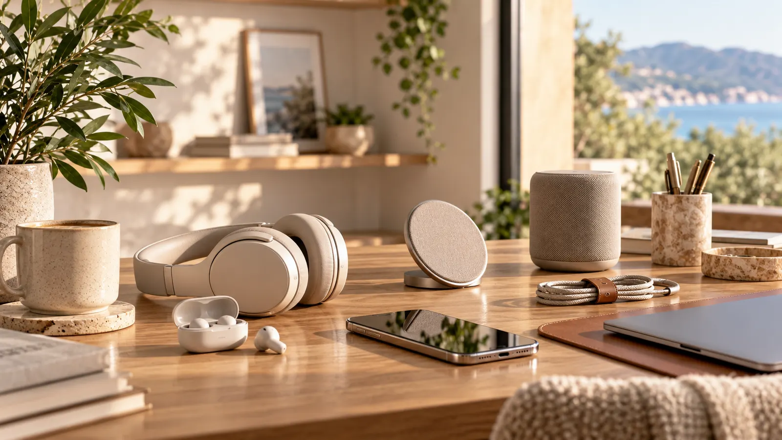 Auriculares, cargador inalámbrico, altavoz y teléfono sobre un escritorio de madera