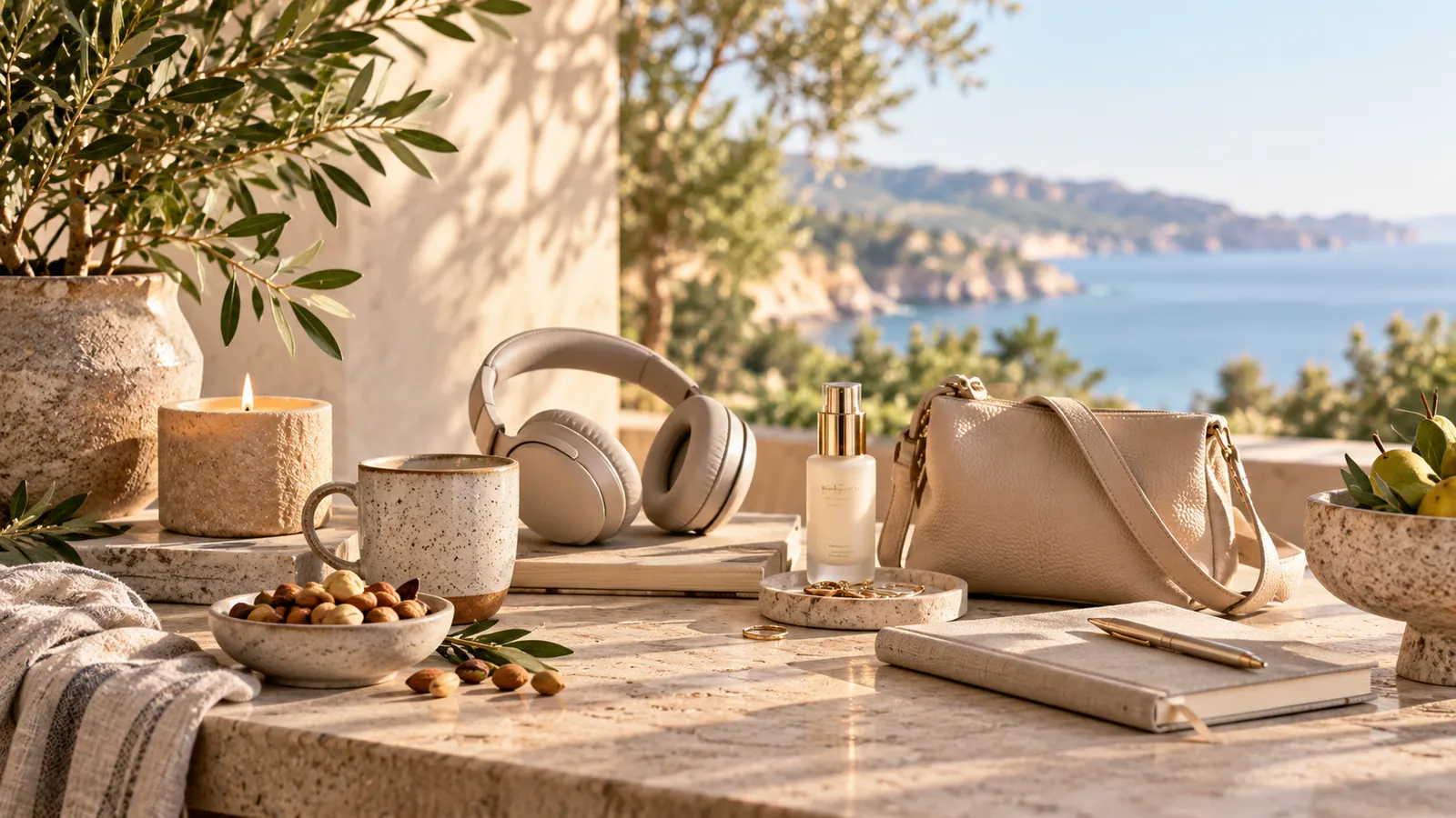 Bolso, auriculares, sérum, taza y vela sobre una mesa de piedra con vista al mar