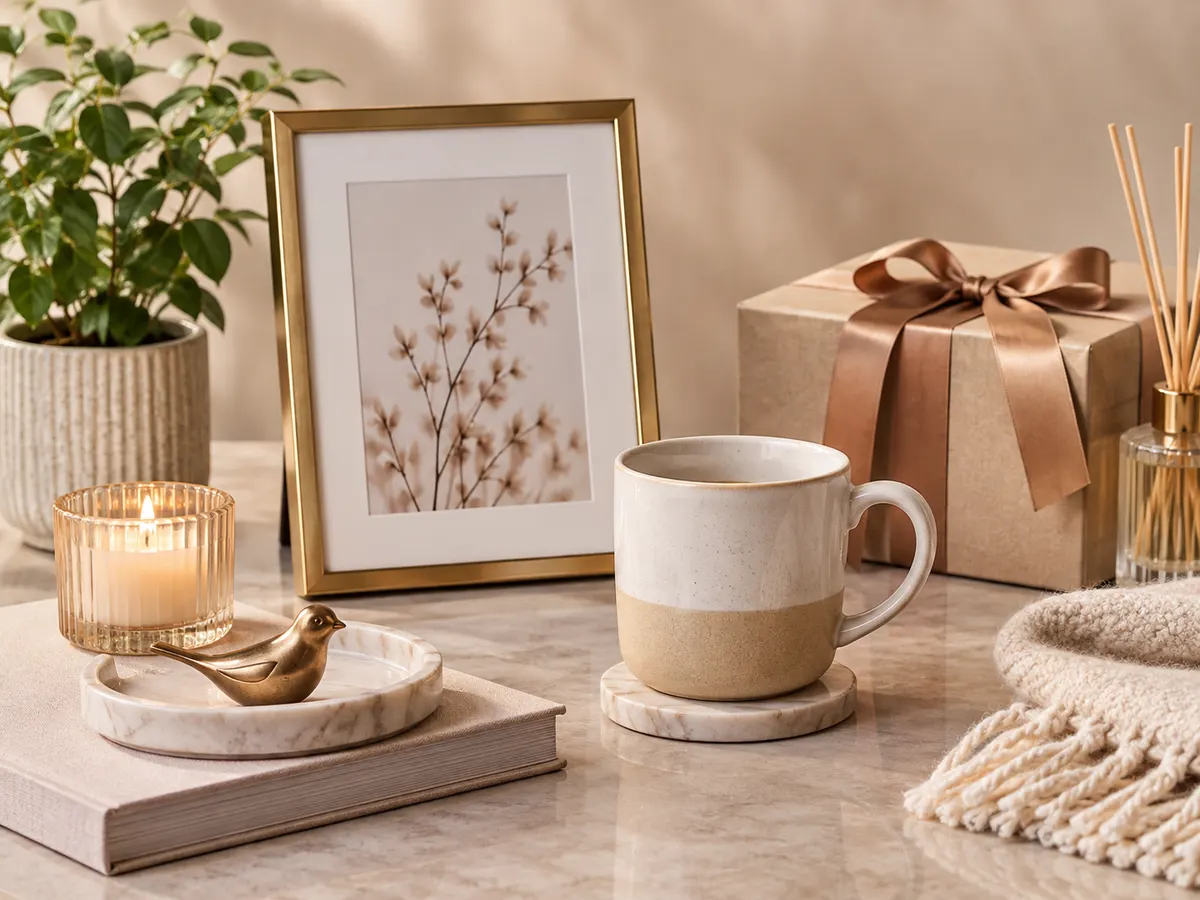 Taza de cerámica, vela, marco dorado y caja de regalo en un salón