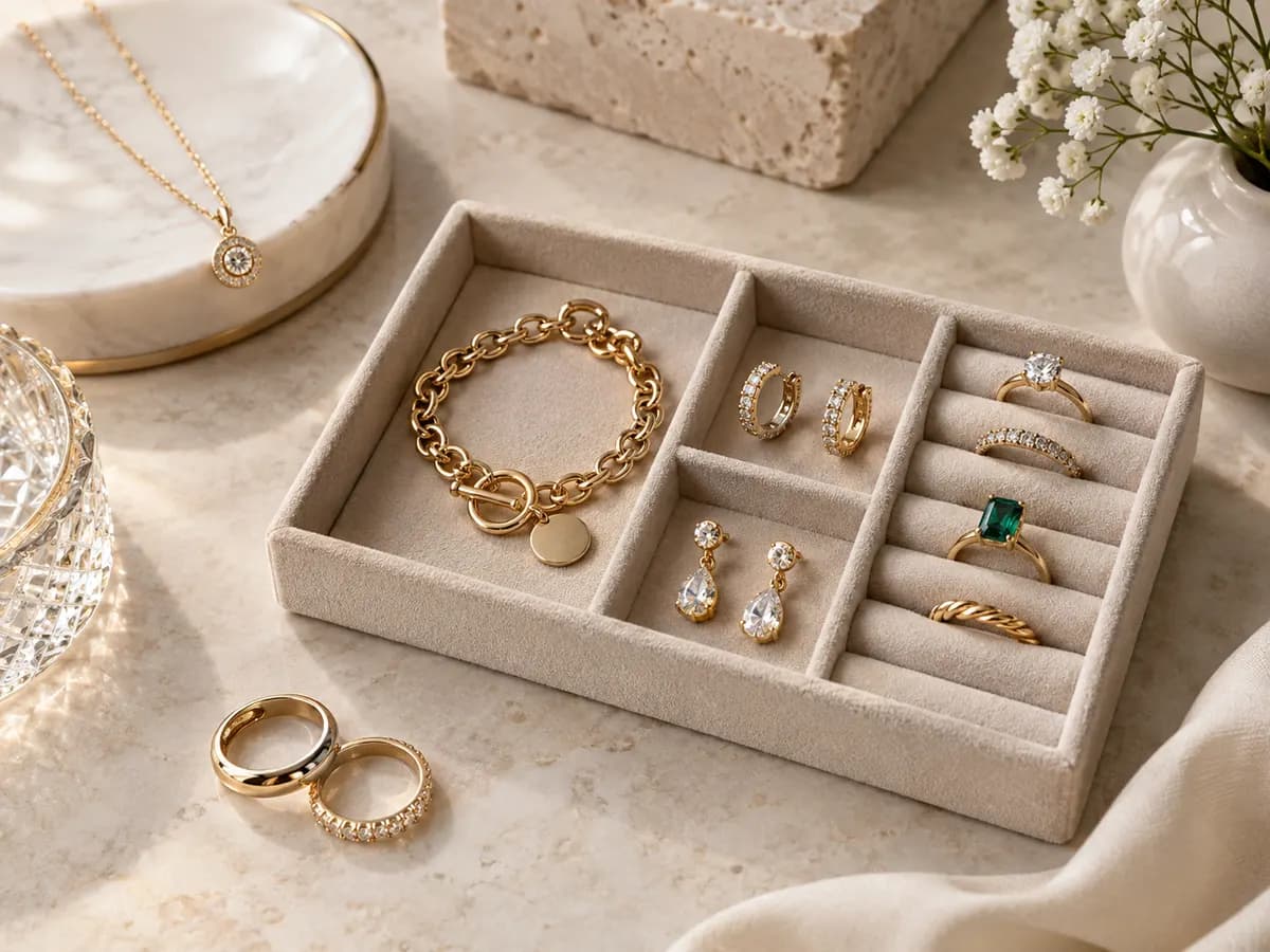 Pulsera, pendientes y anillos dorados en un joyero de terciopelo