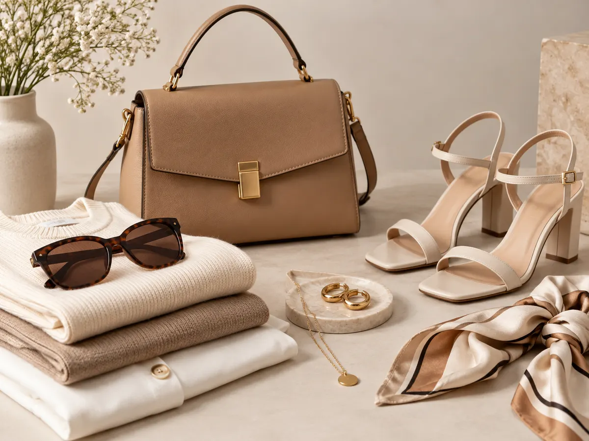 Bolso, sandalias, gafas de sol y prendas de punto en tonos neutros