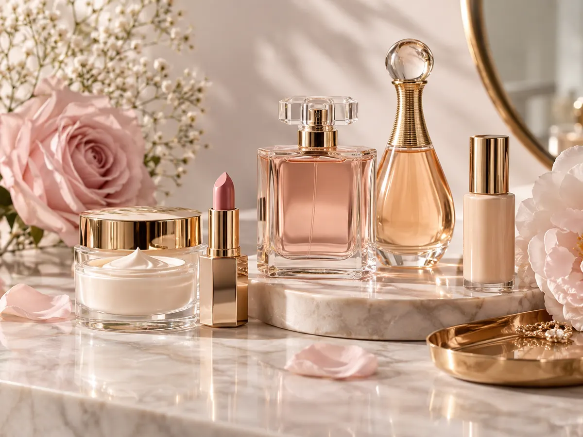Frascos de perfume, crema y labial sobre un tocador de mármol