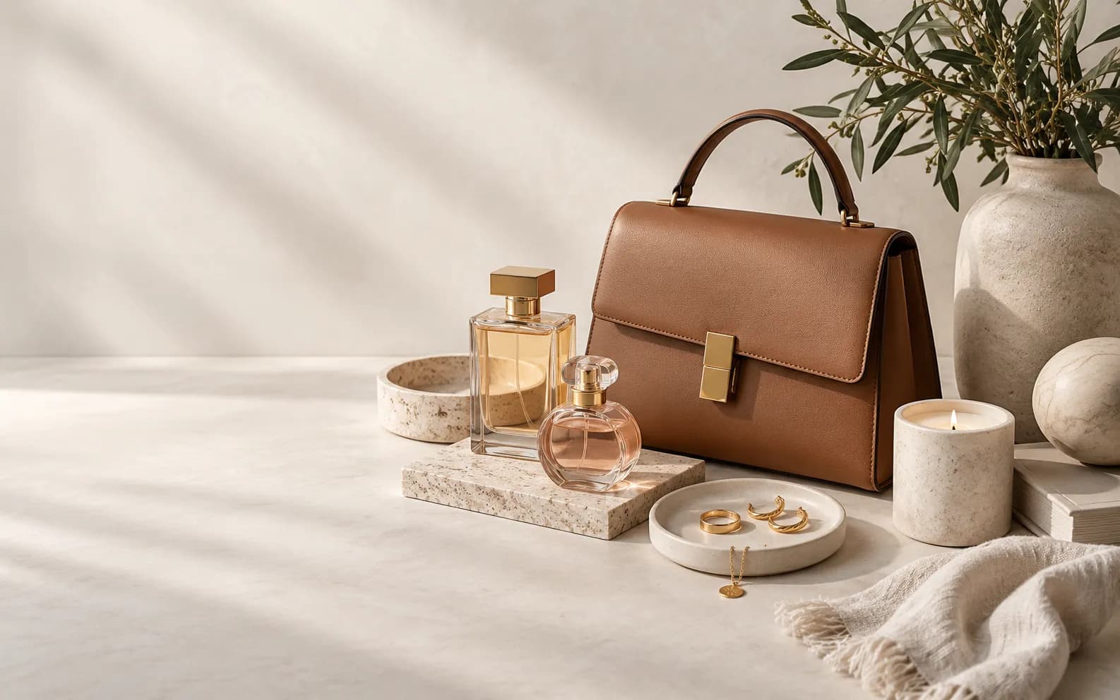 Bolso de piel, perfumes y joyería dorada sobre una mesa de piedra clara