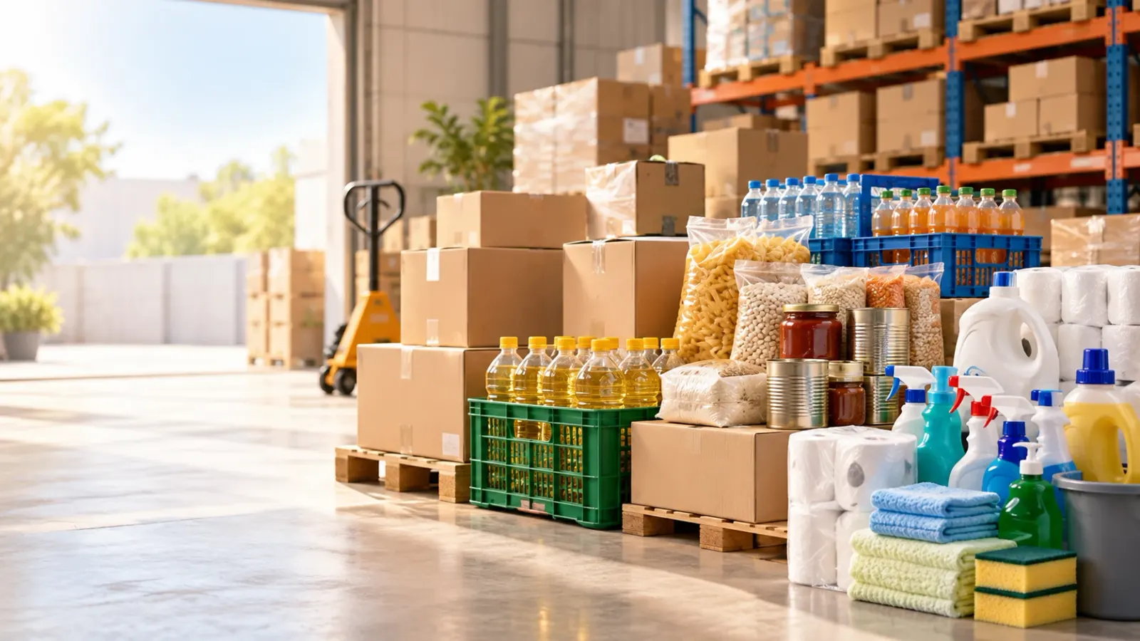 Cajas, bebidas en paquetes, despensa y productos de limpieza listos en un almacén